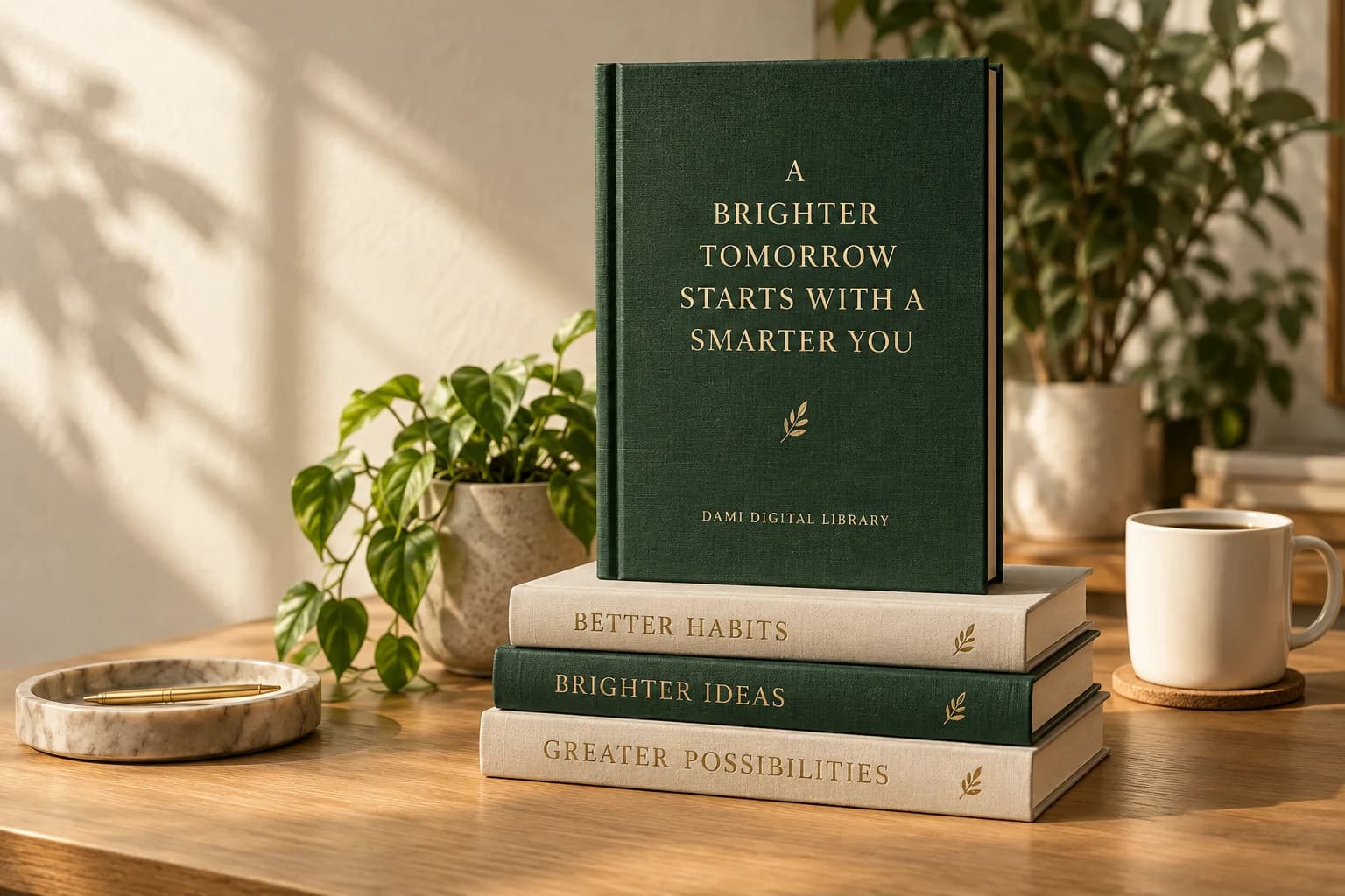 A forest-green book on a stack of linen-bound books beside a cup of coffee in warm afternoon light