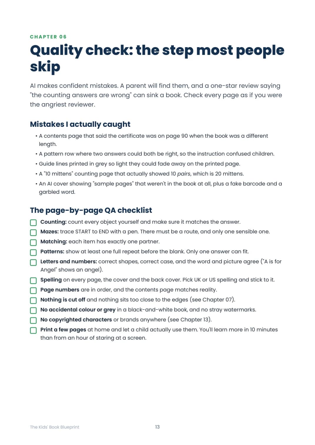 Page 13 of The Kids' Book Blueprint showing the activity-page quality-check checklist